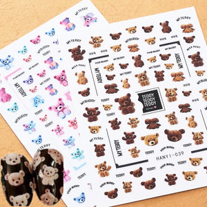 Newest HANYI series 38 39 Love Teddy bear design 3d nail stickers back glue DIY decal decorations for nail art tips - Nail Salon store