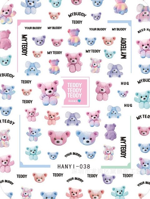 Newest HANYI series 38 39 Love Teddy bear design 3d nail stickers back glue DIY decal decorations for nail art tips - Nail Salon store