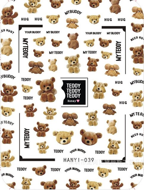 Newest HANYI series 38 39 Love Teddy bear design 3d nail stickers back glue DIY decal decorations for nail art tips - Nail Salon store