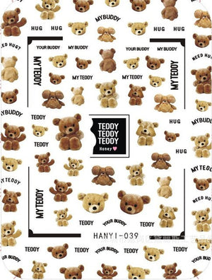 Newest HANYI series 38 39 Love Teddy bear design 3d nail stickers back glue DIY decal decorations for nail art tips - Nail Salon store